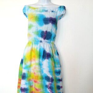 Tie Dye Rainbow Dress With Pockets Off the Shoulder Lined Skirt Adult Medium NWT